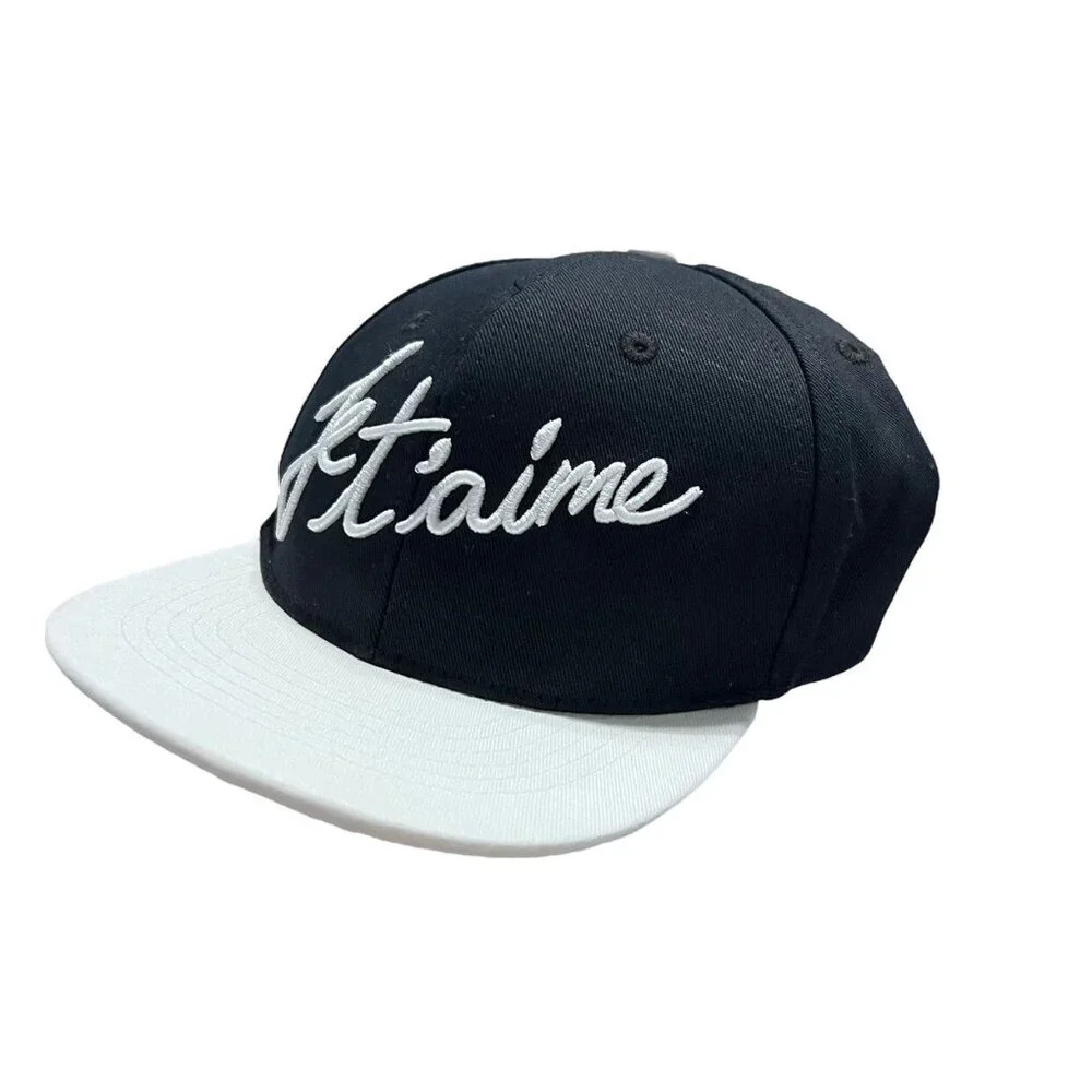 NEW Whistle & Flute Kids Black Embroidered Je T'aime Flat Brim Cap Hat